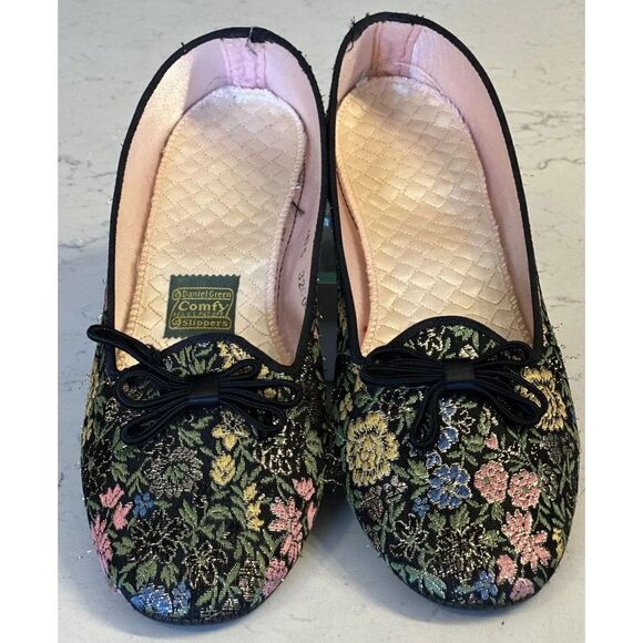 Daniel Green Vintage House Shoes Size 2A 75 Metallic Floral Brocade Fast Ship - Picture 2 of 14